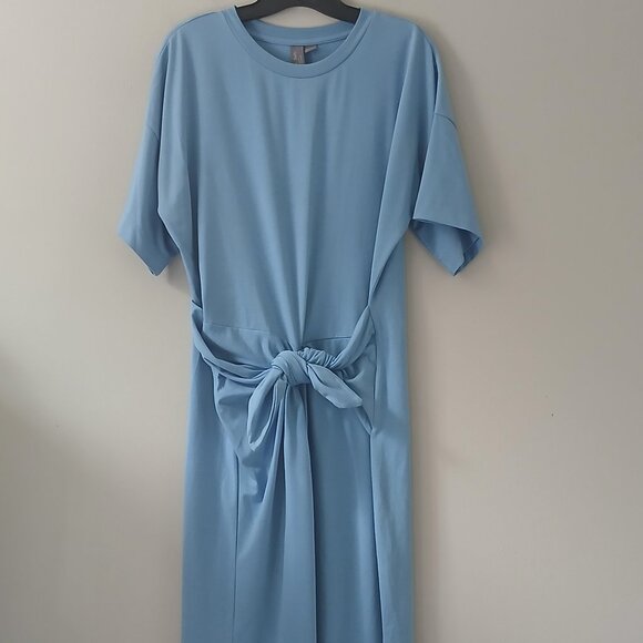 Sweaty Betty Women's Size M Knot Front Blue Maxi Dress Side Slit Short Sleeve - Picture 1 of 16